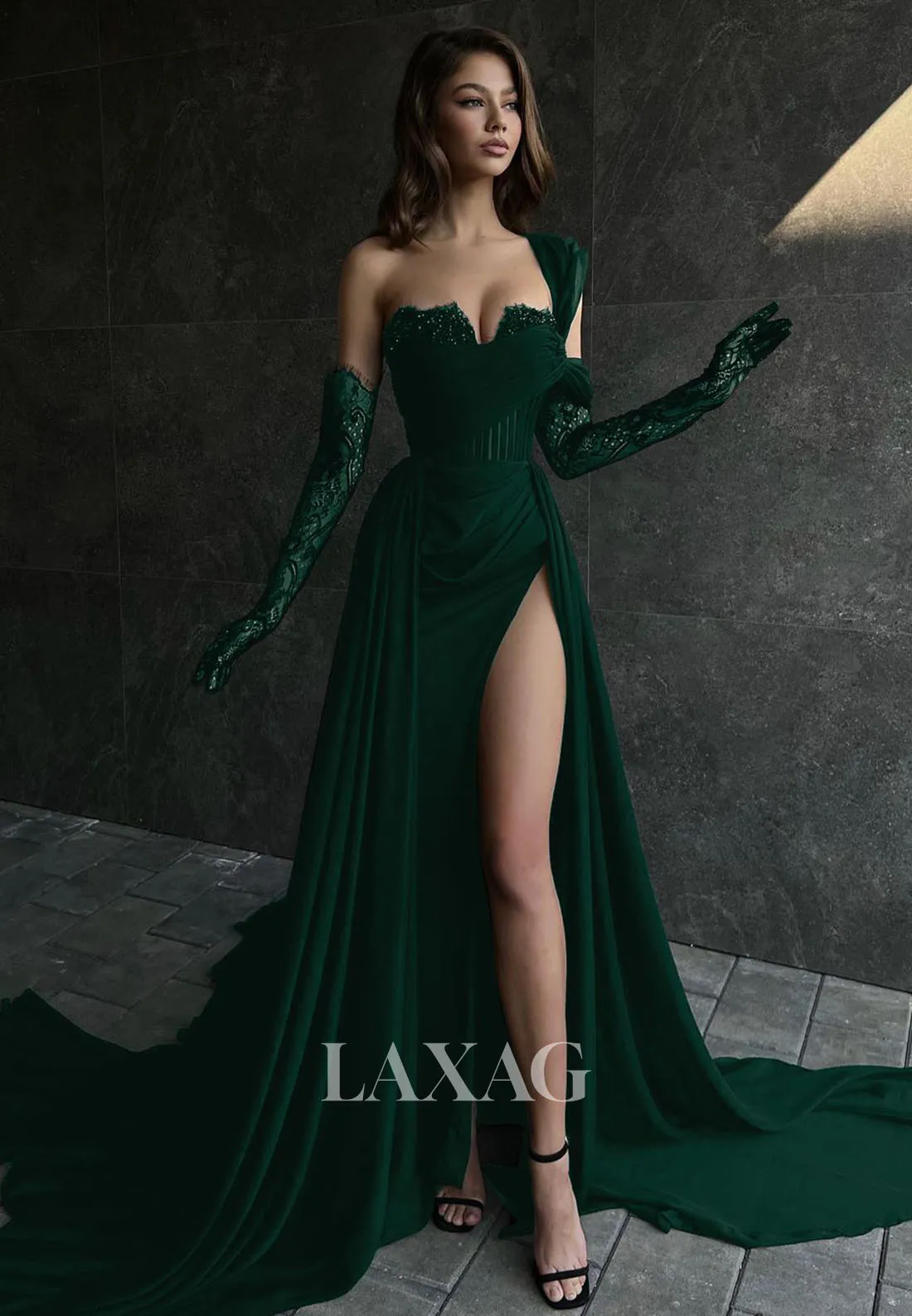 Sweetheart Off-Shoulder Pleated Evening Gowns Lace Gloves Beaded High Slit A-Line Prom Dress