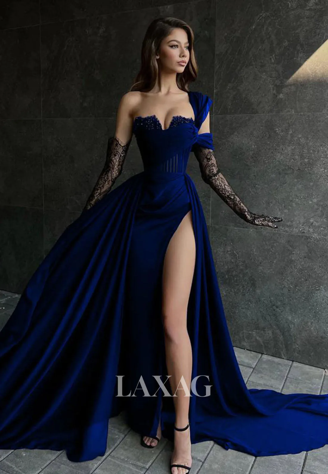 Sweetheart Off-Shoulder Pleated Evening Gowns Lace Gloves Beaded High Slit A-Line Prom Dress