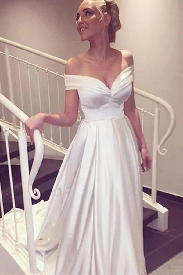 Sweetheart Off The Shoulder White Long Wedding Dress With Train WD008