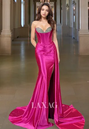 Sweetheart Sleeveless Pleated Beaded Formal Gowns Off-Shoulder Mermaid Prom Dress with Sweep Train
