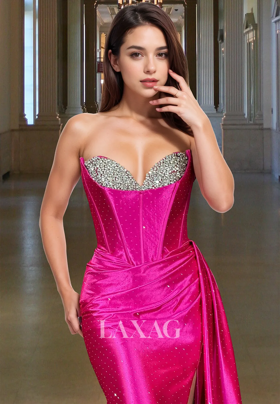 Sweetheart Sleeveless Pleated Beaded Formal Gowns Off-Shoulder Mermaid Prom Dress with Sweep Train