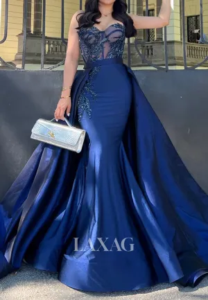 Sweetheart Sleeveless Sequined Satin Evening Gowns Beaded Pleated Mermaid Prom Dress with Overskirt