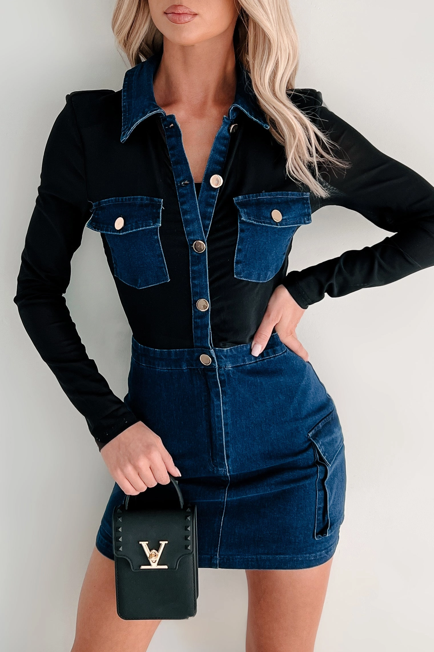 Tailored To Perfection Mesh Denim Mini Dress (Denim Blue)