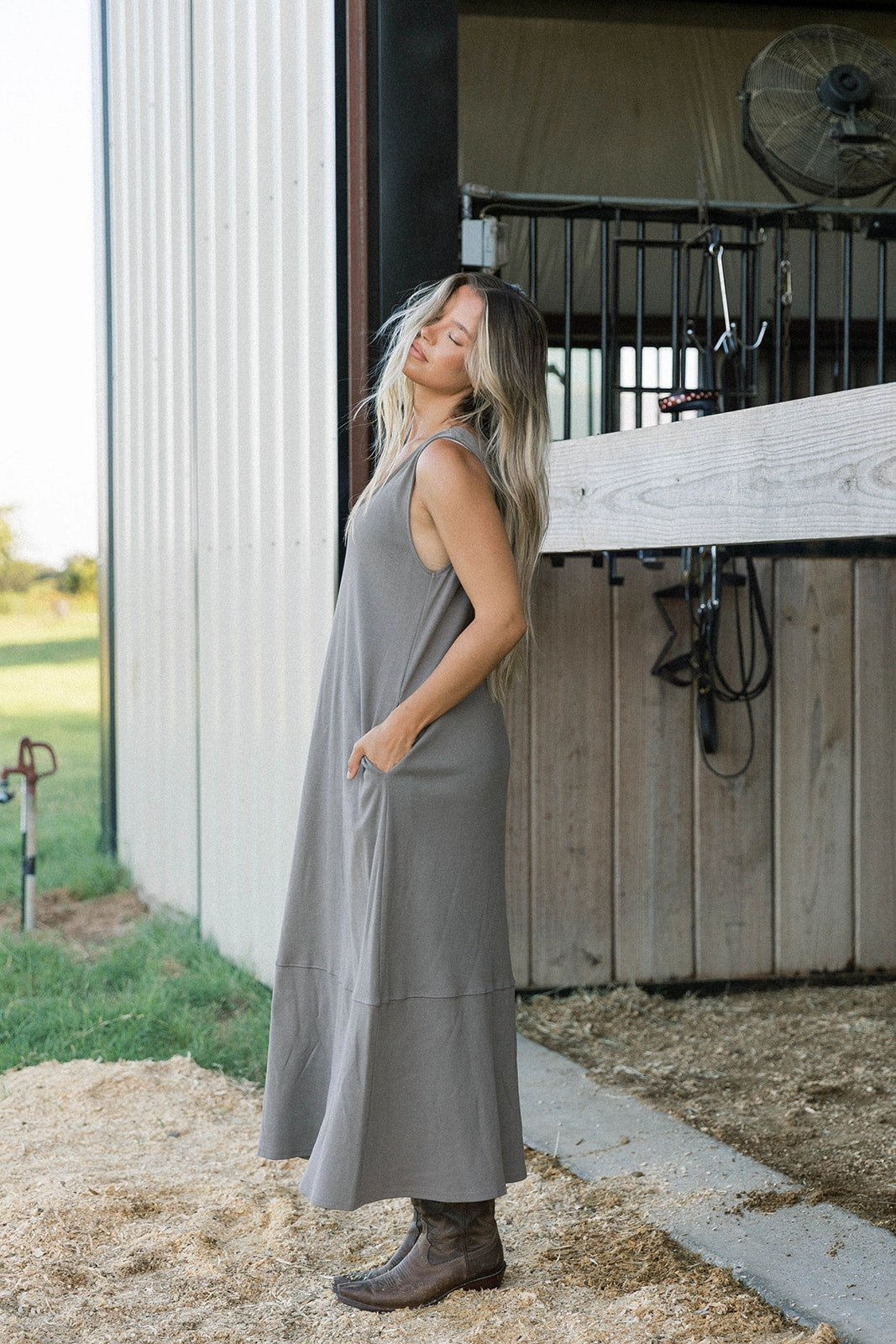 Taryn 100% Cotton Open Back Knit Maxi Dress in Smoke