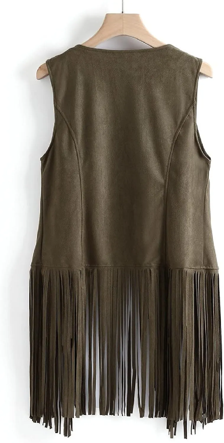 Tassel Sleeveless Vest for Women 70s Hippie Faux Suede Fringe Jacket Open Front Gilet Cardigan Vintage Boho Waistcoat