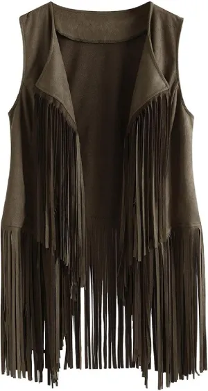 Tassel Sleeveless Vest for Women 70s Hippie Faux Suede Fringe Jacket Open Front Gilet Cardigan Vintage Boho Waistcoat