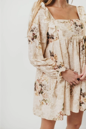 Tayler 100% Cotton Mini Dress in Beige Floral Tayler 100% Cotton Mini Dress in Beige Floral