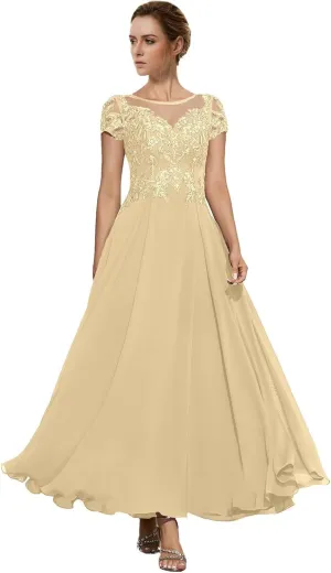 Tea Length Cap Sleeve Chiffon Mother of The Bride Dresses Women's Boat Neck A Line Lace Appliqued Wedding Guest Dress