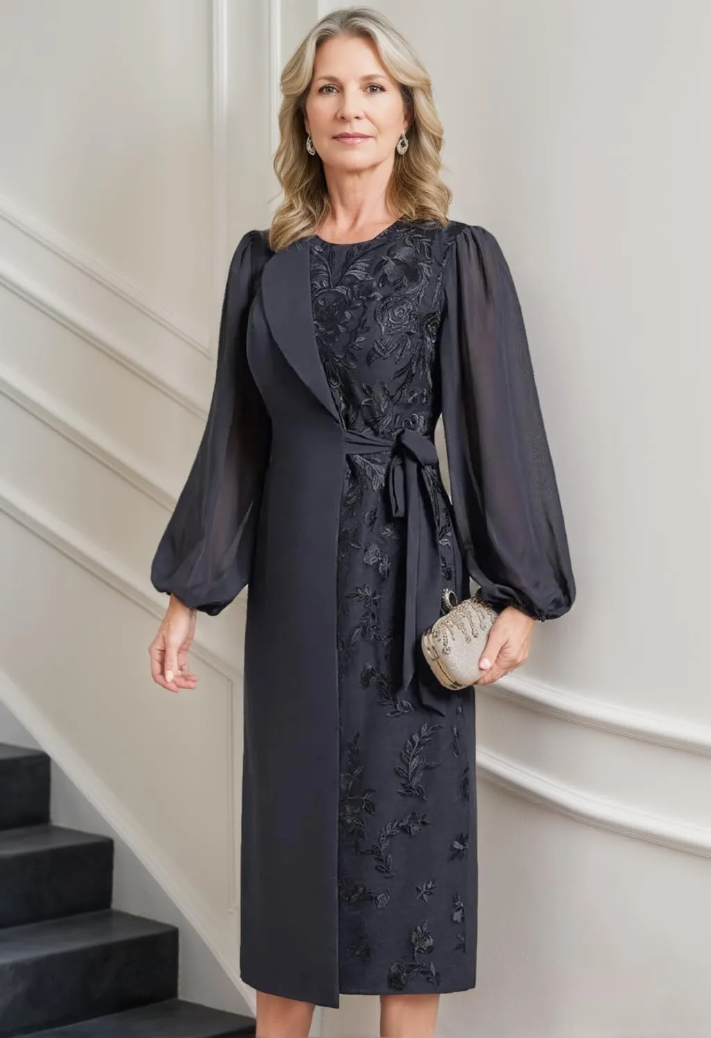 Tea Length Chiffon Mother of The Bride Dresses for Women Round Neck Lace Applique Formal Dress Bell Sleeve Evening Gown