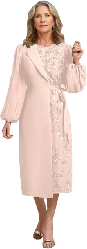 Tea Length Chiffon Mother of The Bride Dresses for Women Round Neck Lace Applique Formal Dress Bell Sleeve Evening Gown