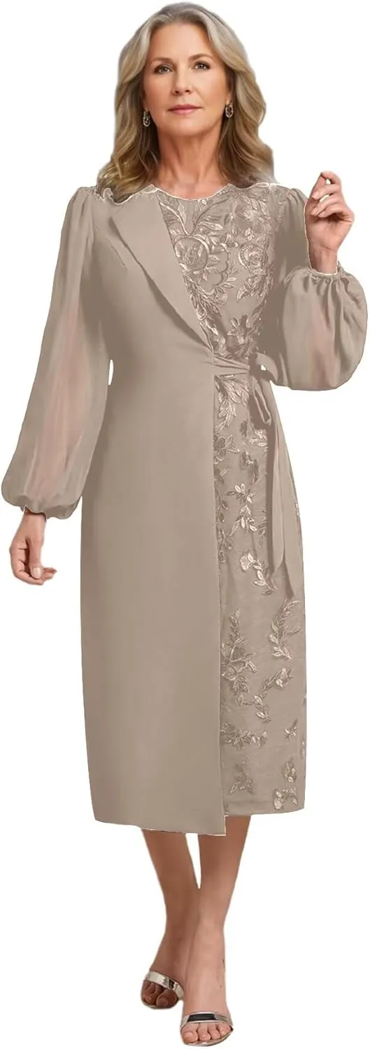 Tea Length Chiffon Mother of The Bride Dresses for Women Round Neck Lace Applique Formal Dress Bell Sleeve Evening Gown