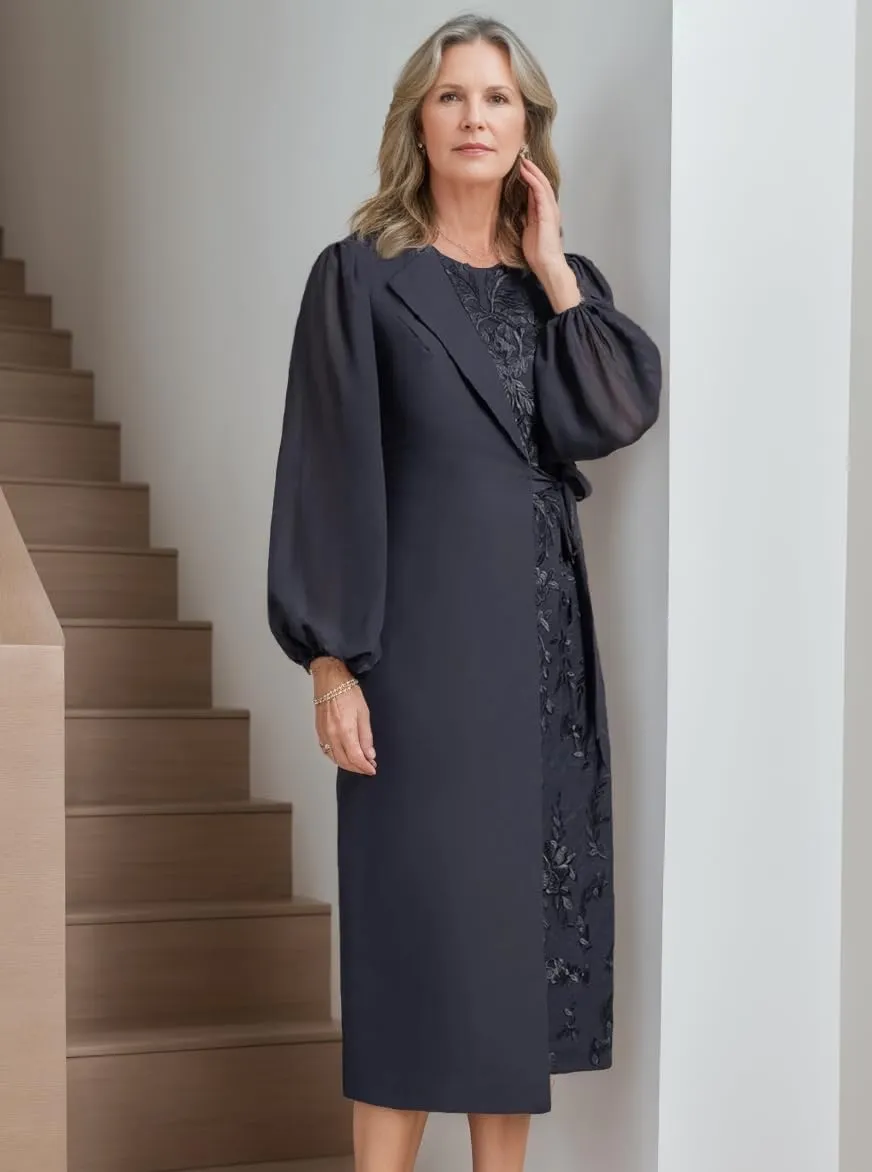 Tea Length Chiffon Mother of The Bride Dresses for Women Round Neck Lace Applique Formal Dress Bell Sleeve Evening Gown