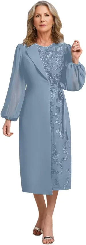 Tea Length Chiffon Mother of The Bride Dresses for Women Round Neck Lace Applique Formal Dress Bell Sleeve Evening Gown