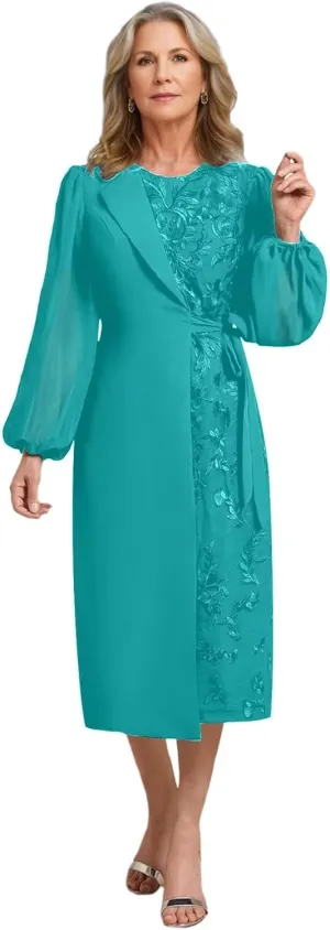 Tea Length Chiffon Mother of The Bride Dresses for Women Round Neck Lace Applique Formal Dress Bell Sleeve Evening Gown