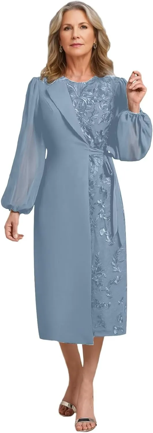 Tea Length Chiffon Mother of The Bride Dresses for Women Round Neck Lace Applique Formal Dress Bell Sleeve Evening Gown
