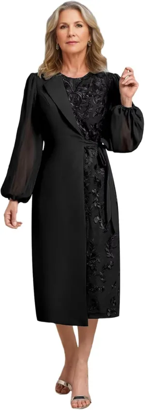 Tea Length Chiffon Mother of The Bride Dresses for Women Round Neck Lace Applique Formal Dress Bell Sleeve Evening Gown