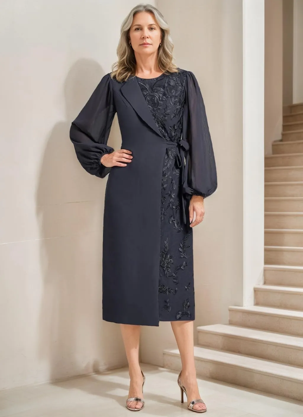 Tea Length Chiffon Mother of The Bride Dresses for Women Round Neck Lace Applique Formal Dress Bell Sleeve Evening Gown