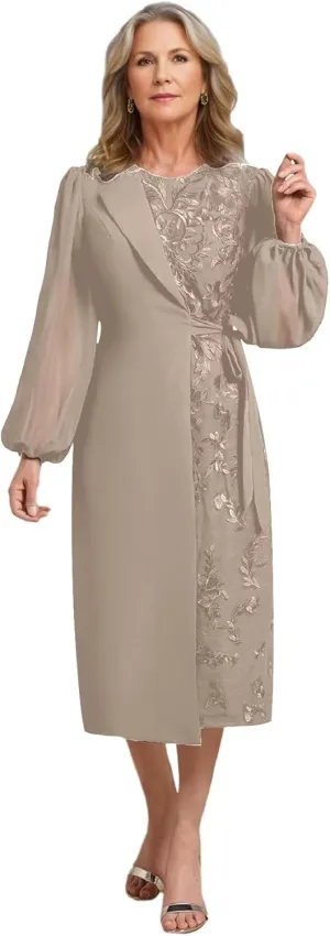 Tea Length Chiffon Mother of The Bride Dresses for Women Round Neck Lace Applique Formal Dress Bell Sleeve Evening Gown