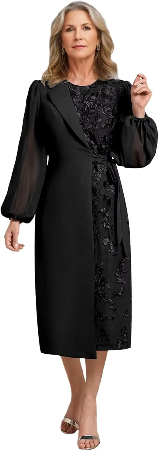 Tea Length Chiffon Mother of The Bride Dresses for Women Round Neck Lace Applique Formal Dress Bell Sleeve Evening Gown