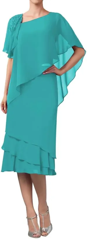 Tea Length Mother of The Bride Dresses Overlay Cape Chiffon Formal Evening Gowns Wedding Guest Cocktail Party Dress
