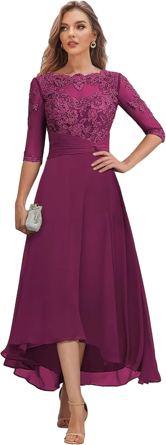 Tea Length Mother of The Bride Dresses with Sleeves Lace Chiffon Hi-lo Formal Dress for Women Wedding