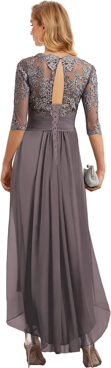 Tea Length Mother of The Bride Dresses with Sleeves Lace Chiffon Hi-lo Formal Dress for Women Wedding