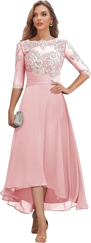 Tea Length Mother of The Bride Dresses with Sleeves Lace Chiffon Hi-lo Formal Dress for Women Wedding