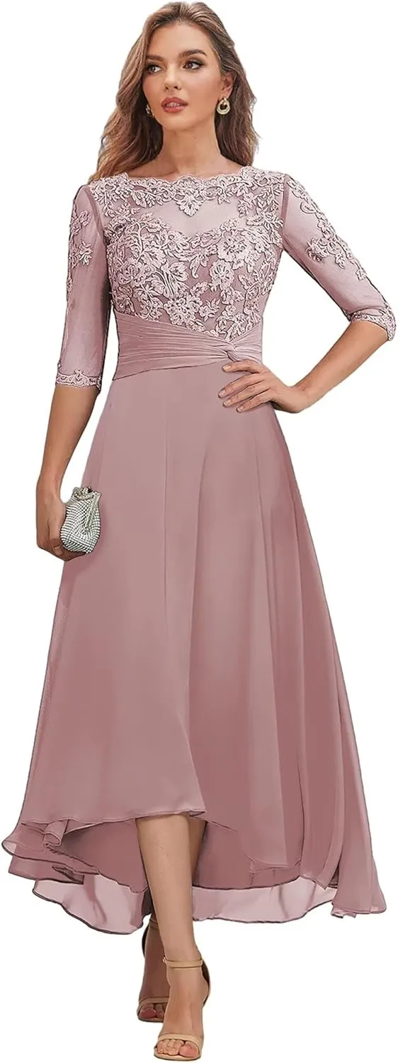 Tea Length Mother of The Bride Dresses with Sleeves Lace Chiffon Hi-lo Formal Dress for Women Wedding