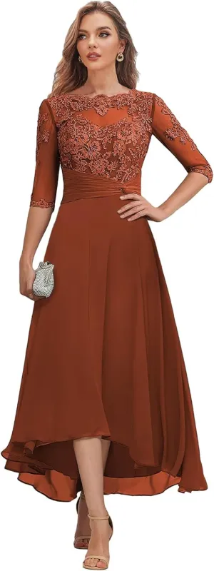 Tea Length Mother of The Bride Dresses with Sleeves Lace Chiffon Hi-lo Formal Dress for Women Wedding
