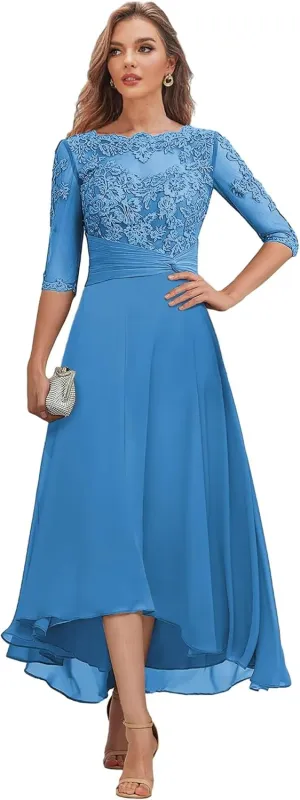 Tea Length Mother of The Bride Dresses with Sleeves Lace Chiffon Hi-lo Formal Dress for Women Wedding