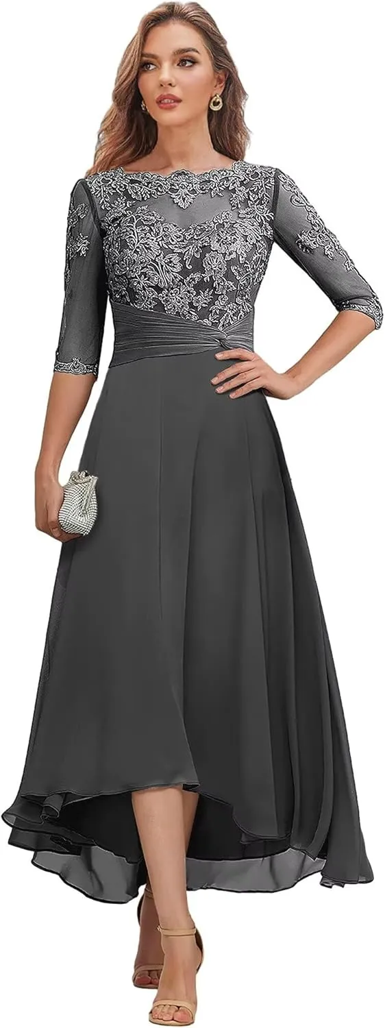 Tea Length Mother of The Bride Dresses with Sleeves Lace Chiffon Hi-lo Formal Dress for Women Wedding