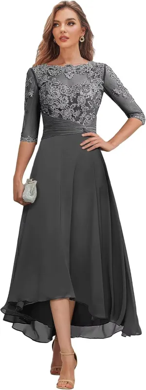 Tea Length Mother of The Bride Dresses with Sleeves Lace Chiffon Hi-lo Formal Dress for Women Wedding