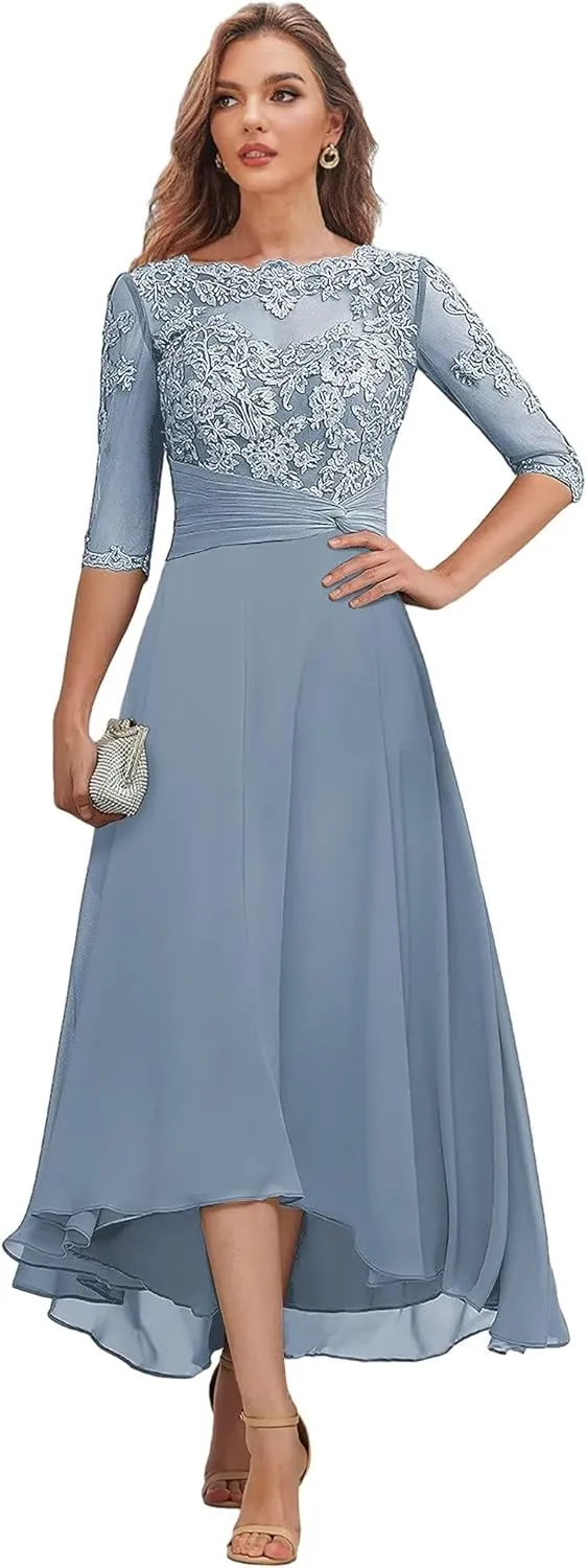 Tea Length Mother of The Bride Dresses with Sleeves Lace Chiffon Hi-lo Formal Dress for Women Wedding