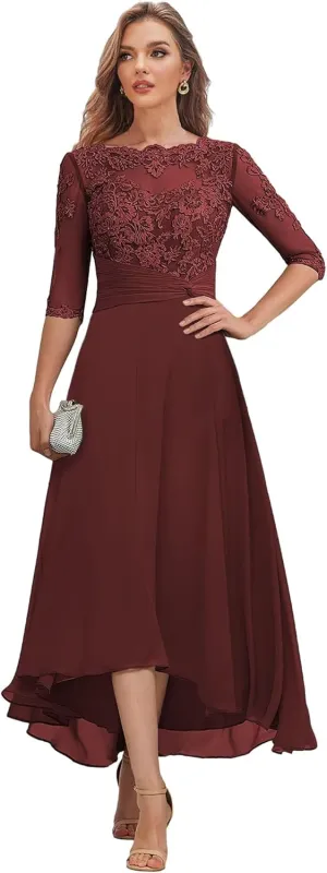 Tea Length Mother of The Bride Dresses with Sleeves Lace Chiffon Hi-lo Formal Dress for Women Wedding