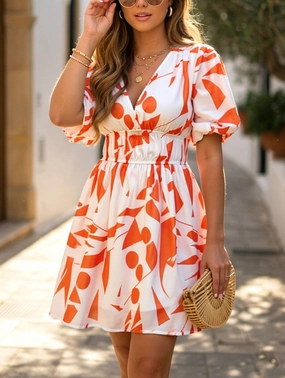 Temperament Printed Skirt Dress with Waist and V-Neck ??Elegant Chiffon Summer Dress Temperament Printed Skirt Dress with Waist and V-Neck ??Elegant Chiffon Summer Dress