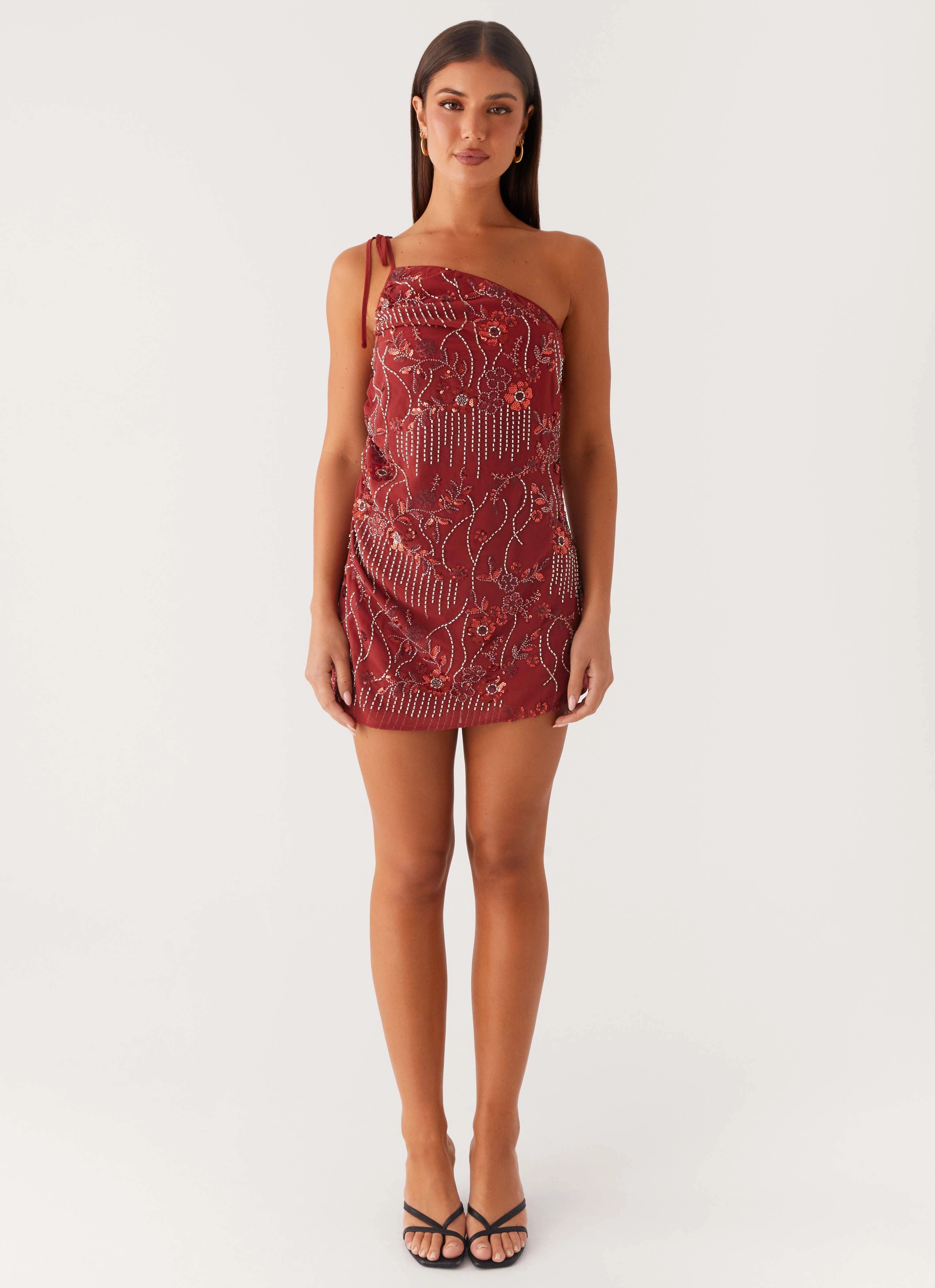 Temptational Beaded One Shoulder Mini Dress - Rust