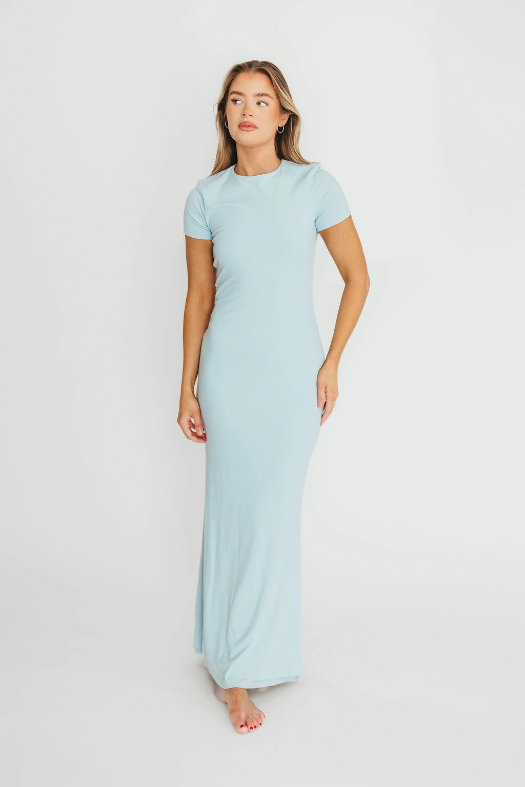 The Charlie Ribbed Maxi Dress in Baby Blue -Bump Friendly