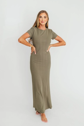 The Charlie Ribbed Maxi Dress in Dusty Olive Green - Bump Friendly The Charlie Ribbed Maxi Dress in Dusty Olive Green - Bump Friendly