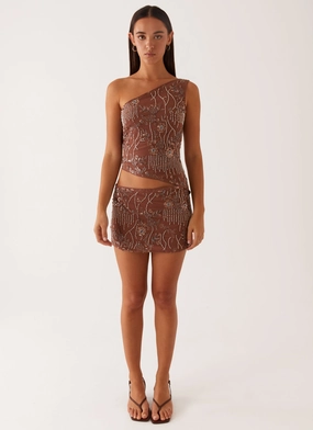 Through The Night One Shoulder Mini Dress - Chocolate Through The Night One Shoulder Mini Dress - Chocolate