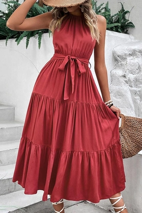 TIED WAIST TIERED HALTER DRESS TIED WAIST TIERED HALTER DRESS