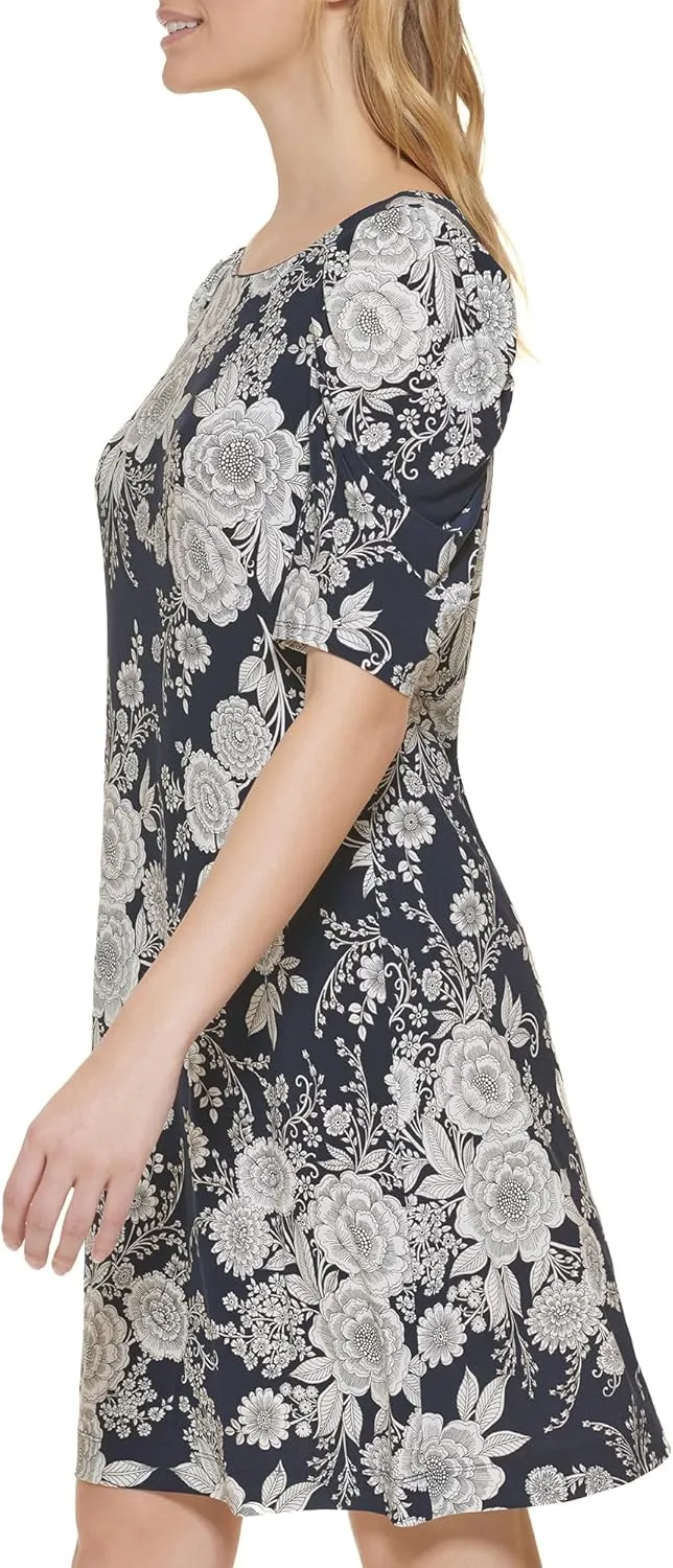 Tommy Hilfiger Women's Floral Jersey Short Puff Sleeve Dress