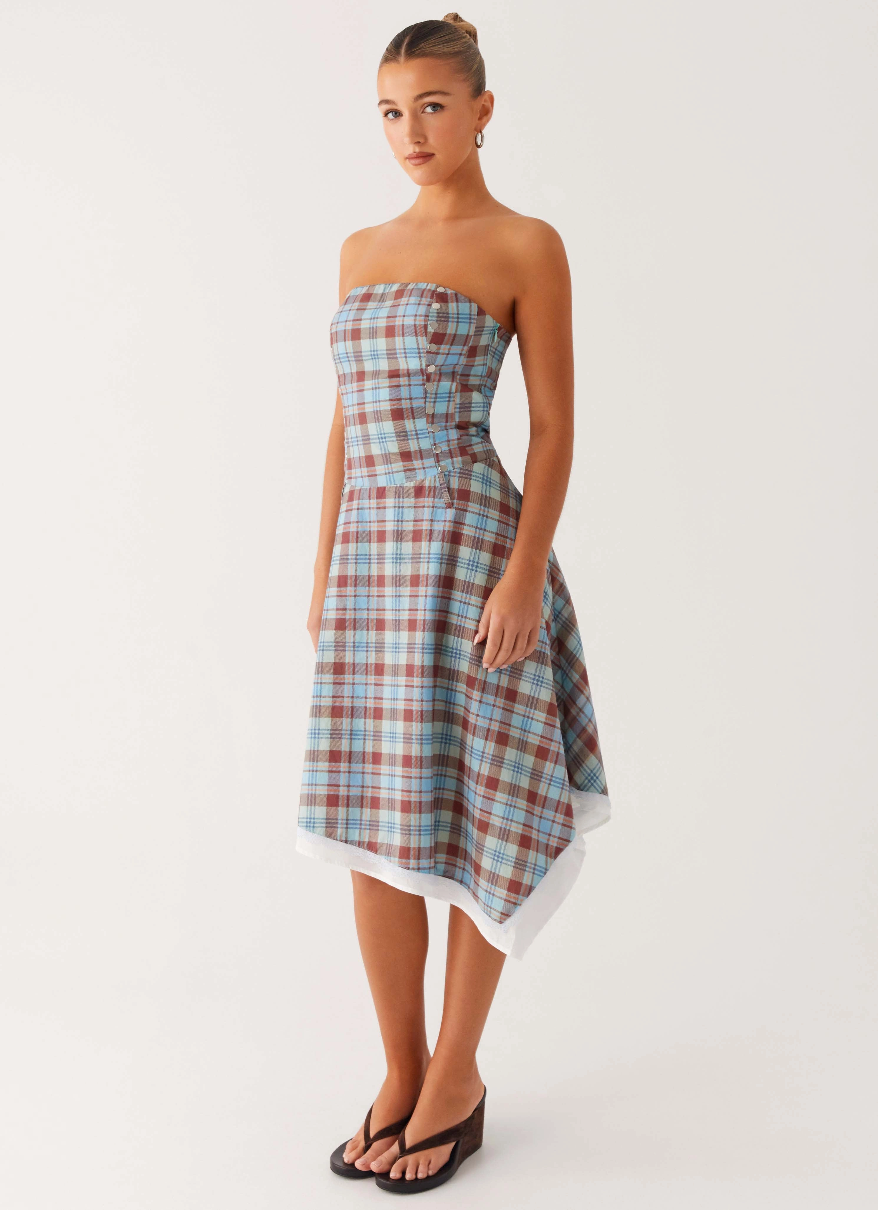 Tonie Strapless Midi Dress - Shoreline Check