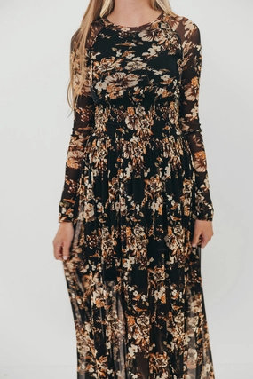 Tori Floral Mesh Long Sleeve Midi Dress in Black Tori Floral Mesh Long Sleeve Midi Dress in Black