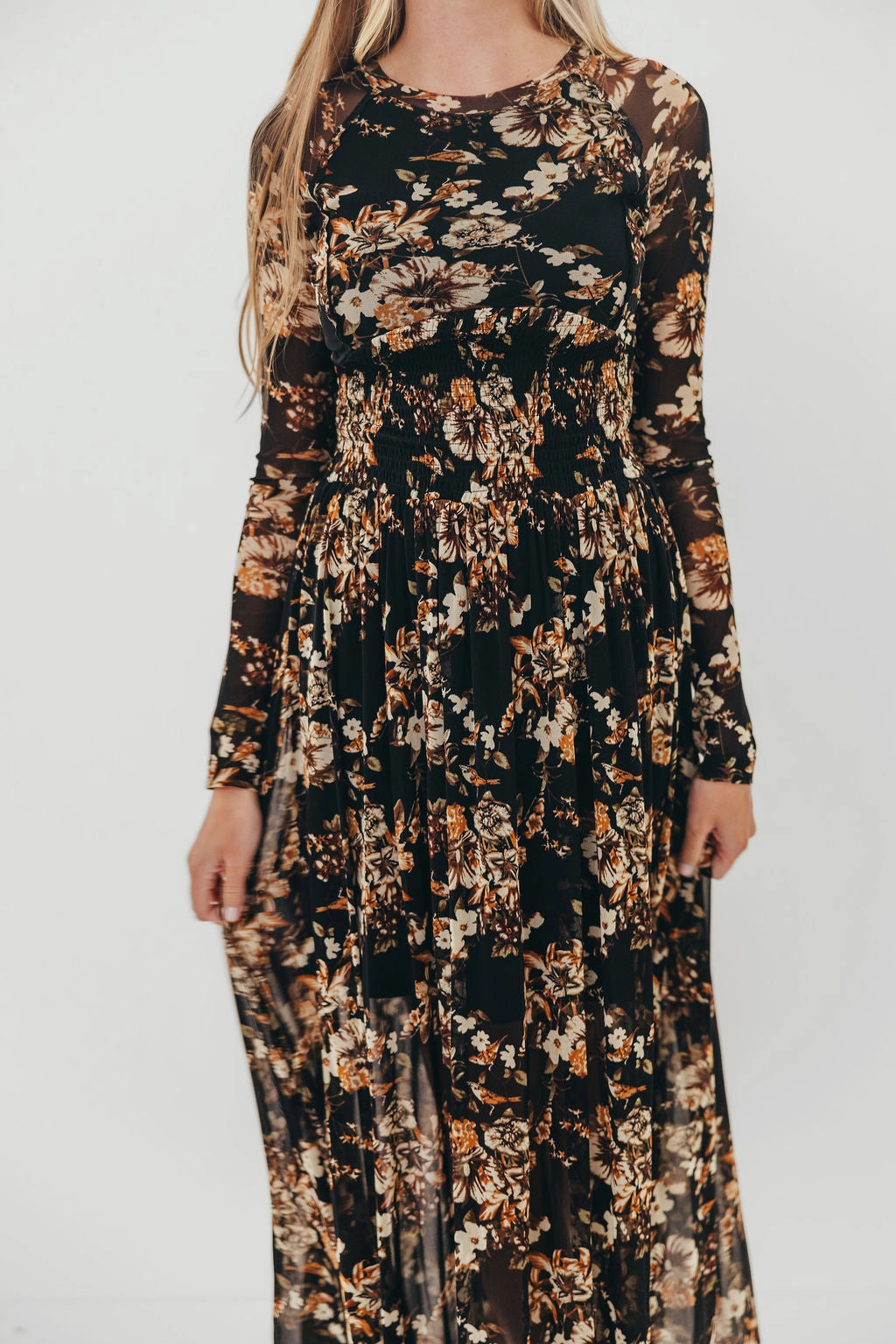 Tori Floral Mesh Long Sleeve Midi Dress in Black