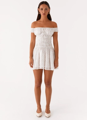 Total Bliss Shirred Mini Dress - White Floral Total Bliss Shirred Mini Dress - White Floral