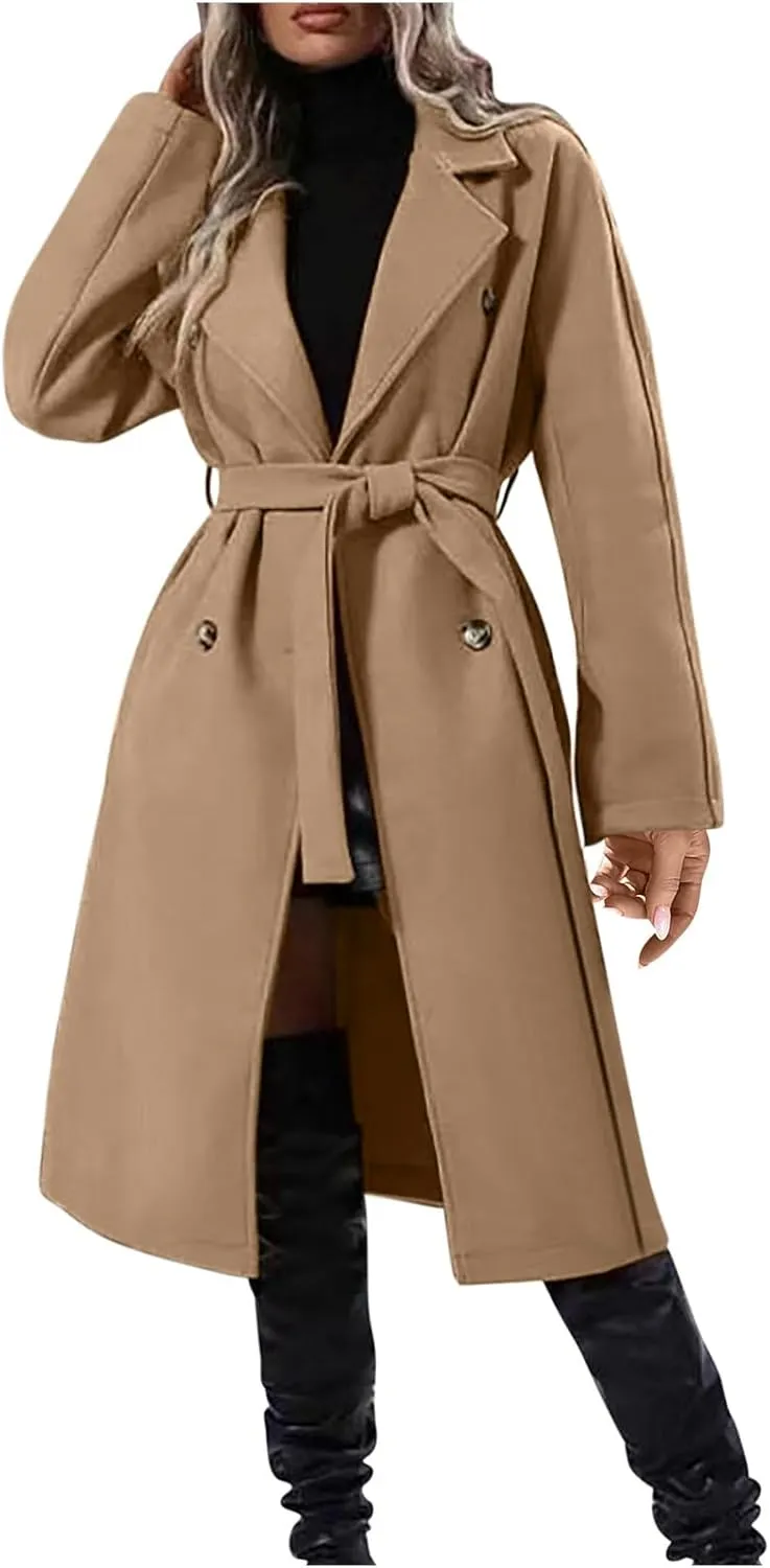Trench Coat Women Lapel Collar Double Breasted Wool Blend Coats Winter Pocketed Pea Overcoat Outwear with Belt