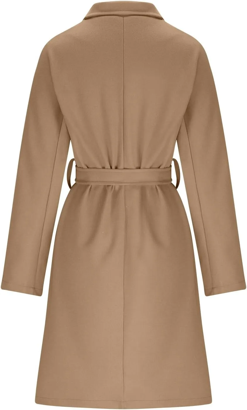 Trench Coat Women Lapel Collar Double Breasted Wool Blend Coats Winter Pocketed Pea Overcoat Outwear with Belt