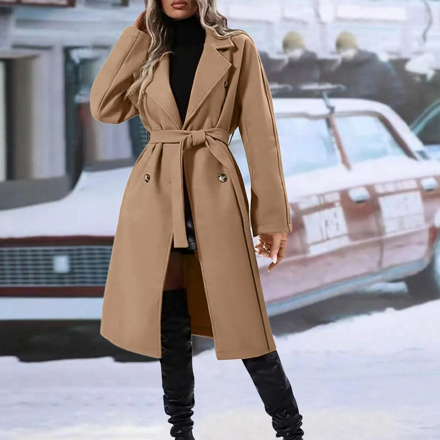 Trench Coat Women Lapel Collar Double Breasted Wool Blend Coats Winter Pocketed Pea Overcoat Outwear with Belt