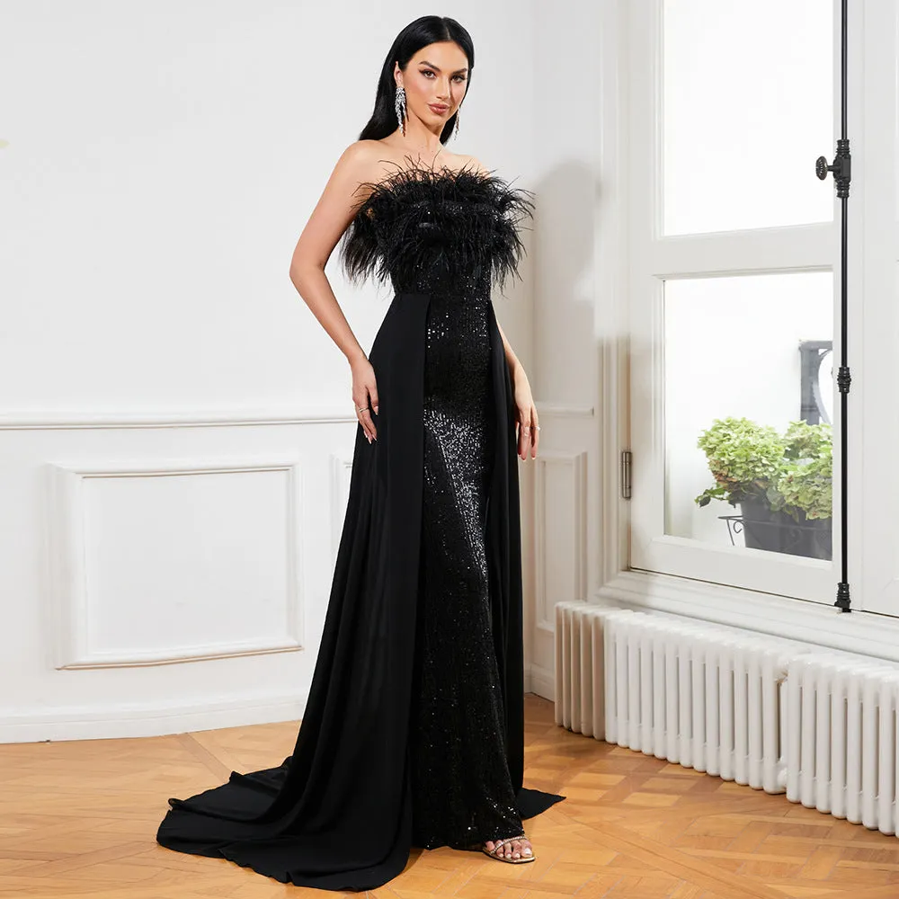 Trend4us Strapless Feather Sequined Gown