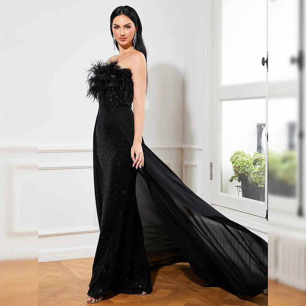 Trend4us Strapless Feather Sequined Gown